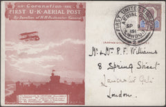 135153 1911 FIRST OFFICIAL U.K. AERIAL POST LONDON POST CARD IN RED-BROWN WITH KING EDWARD VII 5D.