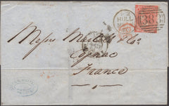 135169 1864 MAIL HULL TO FRANCE WITH 4D BRIGHT RED PL.4 (SG81).