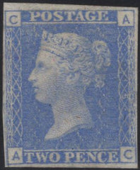 136013 1878-79 2D PL.15 IMPERFORATE PLATE PROOF TRIAL FOR LIGHTER AND MORE FUGITIVE COLOURS IN PALE ULTRAMARINE (DP50b).