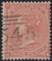 137499 1862 4D PALE RED PL.3 (SG80) LETTERED 'CK' WITH CONSTANT VARIETY 'DEFECTIVE LETTER K' (SPEC J52d) VERY FINE USED.