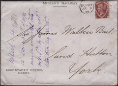 139298 1879 MAIL DERBY TO YORK WITH 1½D PL.3 (SG51)(OA).