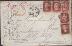 139776 1874 REGISTERED MAIL DERBY TO LEAMINGTON WITH 1D PL.150 (SG43) X 5 AND 'MIDLAND-RD/DERBY' DATE STAMP.
