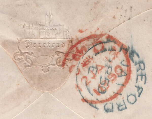 41145 - 1850 ENVELOPE EMBOSSING HEREFORD CATHEDRAL ON REVERSE. Envelope Hereford to London with three margin...