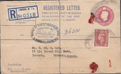 100523 - 1952 REGISTERED MAIL LONDON TO CANADA/B.P.A. HAND STAMP.