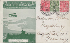 102820 - 1911 FIRST OFFICIAL U.K. AERIAL POST/LONDON ENVELOPE IN BRIGHT GREEN TO GERMANY.
