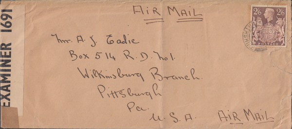 103987 - 1941 MAIL ANGUS (PERTHSHIRE) TO USA/2/6 BROWN (SG476).