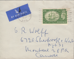 104118 - 1951 MAIL GOLDERS GREEN TO CANADA/2/6 YELLOW-GREEN (SG509).