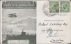 104430 - 1911 FIRST OFFICIAL U.K. AERIAL POST/LONDON POST CARD IN OLIVE-GREEN TO SWEDEN.