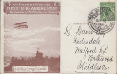 104474 - 1911 FIRST OFFICIAL U.K. AERIAL POST/USED LONDON POST CARD "REPRINT" IN BROWN.