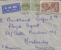 104772 - 1936 MAIL LONDON TO URUGUAY 2/6D SEAHORSE (SG450).