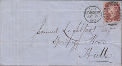 107070 - 1868 MAIL LONDON TO HULL/1D PL.71 (DK)(SG43)/FISCAL STAMP WITHIN.