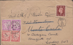 108754 - 1938 UNDERPAID MAIL GUILDFORD TO MONTE CARLO/RE-DIRECTED.