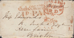 109080 - 1843 ENVELOPE WITH MALTESE CROSS USED TO OBLITERATE DATE STAMP ON REVERSE.