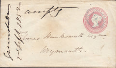 110311 - "194" NUMERAL OF CHARMOUTH (DORSET) IN BLUE ON 1D PINK ENVELOPE CHARMOUTH TO WEYMOUTH.