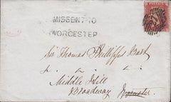 110325 - 1858 "MISSENT-TO WORCESTER" HAND STAMP (WO929) ON MAIL LONDON TO BROADWAY.