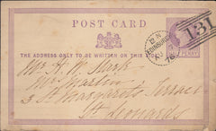 113829 1876 EDINBURGH DOTTED CIRCLE (RA10) ON ½D MAUVE POST CARD.