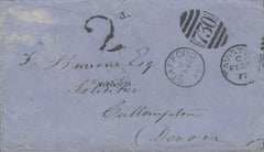 114273 1877 UNPAID MAIL STAFFORD TO CULLOMPTON DEVON.