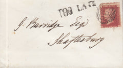 115349 1865 'TOO LATE' HAND STAMP OF SHAFTESBURY ON COVER.