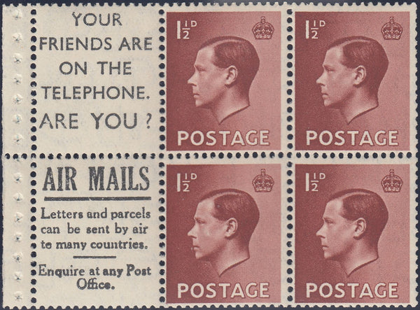 115635 1936 KING EDWARD VIII 1½D BOOKLET PANE WITH ADVERT "YOUR FRIENDS ARE ON THE TELEPHONE. ARE YOU?/AIR MAILS LETTERS AND PARCELS..." (PB5a(16).