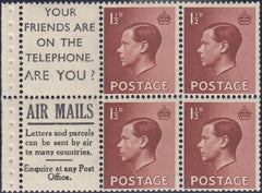 115635 1936 KING EDWARD VIII 1½D BOOKLET PANE WITH ADVERT "YOUR FRIENDS ARE ON THE TELEPHONE. ARE YOU?/AIR MAILS LETTERS AND PARCELS..." (PB5a(16).