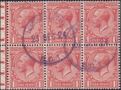 115653 1924 1D BLOCK CYPHER (SG419) BOOKLET PANE OF SIX PRE-CANCELLED TYPE J DATE STAMP, EX ADVERTISERS VOUCHER BOOKLET.