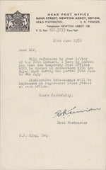 119435 1952 LETTER HEAD POST OFFICE NEWTON ABBOT TO G. J. KING RE. TEMPORARY CANCELLATION AT THE ROYAL SHOW.