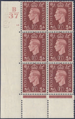 119528 1937 KGVI 1½D RED-BROWN (SG474) CYLINDER 38 CONTROL B/37 BLOCK OF SIX.