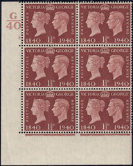 119535 1940 1½D CENTENARY ISSUE (SG481) CYLINDER 3 DOT CONTROL G/40 BLOCK OF SIX.