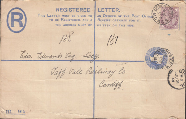 119860 1901 REGISTERED ENVELOPE DORCHESTER TO CARDIFF/'DORCHESTER M.O AND S.B.' DATE STAMP.