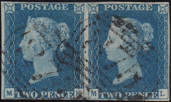 120419 1840 2D BLUE PL.2 (SG5) HORIZONTAL PAIR (MK ML) CANCELLED 1844 '875' NUMERALS OF WHITBY (YORKS)(SPEC D1xc).