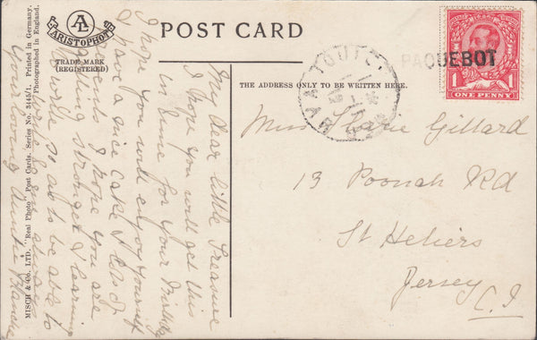 121025 1912 1D DOWNEY (SG332) ON POST CARD WITH 'PAQUEBOT' CANCELLATION.