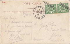 121026 1912 POST CARD TO CHELSEA WITH ½D DOWNEY'S (SG339) CANCELLED 'PAQUEBOT' HAND STAMP.