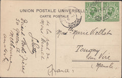 121083 1911 MAIL AUSTRALIA TO FRANCE WITH GB ½D DOWNEY X 2 CANCELLED IN FREMANTLE.