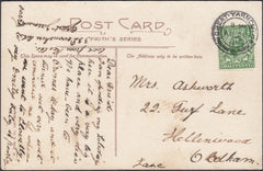 121480 1911 ½D DOWNEY PERFORATION 14 (SG322a) USED ON POST CARD GREAT YARMOUTH TO OLDHAM.