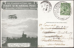 121499 1911 FIRST OFFICIAL U.K. AERIAL POST/LONDON POST CARD IN OLIVE-GREEN TO WALES AND REDIRECTED.