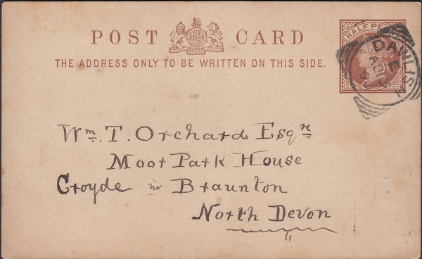 121669 1890 ½D POST CARD DAWLISH TO NORTH DEVON WITH POETIC RESPONSE TO AN INVITE.