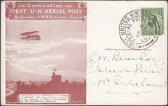 121900 1911 FIRST OFFICIAL U.K. AERIAL POST/LONDON POST CARD IN RED-BROWN TO EVESHAM.