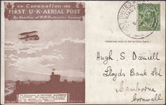 121903 1911 FIRST OFFICIAL U.K. AERIAL POST/LONDON POST CARD IN BROWN TO CORNWALL.