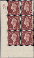 121926 1937 1½D RED-BROWN (SG464) CYLINDER 22. CONTROL B/37 BLOCK OF SIX.