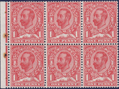 122263 1912 1D DOWNEY DIE 1B WATERMARK SIMPLE CYPHER BOOKLET PANE OF SIX WITH VARIETY 'OPEN TOP TO LEAF' (SPEC NB5c).