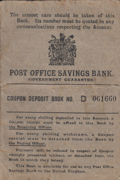 122334 1917 KGV 'POST OFFICE SAVINGS BANK - COUPON DEPOSIT BOOK' WITH 1S COUPON WITHIN, PLYMOUTH CANCELLATION.