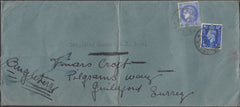 122375 1939 MAIL LONDON TO FRANCE REDIRECTED TO GUILDFORD WITH BRITISH AND FRENCH STAMPS.