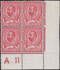 122658 1911 1D DOWNEY DIE 1B WATERMARK CROWN (SG329) CONTROL A 11 BLOCK OF FOUR WITH CONSTANT VARIETY 'PALE LION' (SPEC N8k).