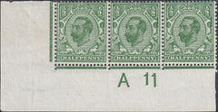 122729 1911 ½D DOWNEY DIE 1B WATERMARK CROWN (SG325) CONTROL STRIP AND USED SINGLE WITH UNLISTED VARIETY 'SPOT UNDER KING'S EAR'.