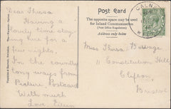 123045 1914 MAIL TO BRISTOL WITH 'CALNE WILTS' SKELETON DATE STAMP.