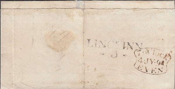 123316 1794 'LINCS INN - 3 -' RECEIVING HOUSE HAND STAMP LONDON PENNY POST (L420).