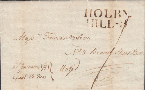 123318 1795 'HOLBN HILL - 3' RECEIVING HOUSE HAND STAMP LONDON PENNY POST (L420).