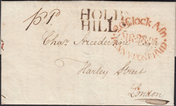 123320 1795 'HOLBN HILL 2' RECEIVING HOUSE HAND STAMP LONDON PENNY POST (L419).