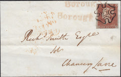 123411 1844 WRAPPER USED IN LONDON WITH 'BOROUGH' RECEIVER'S HAND STAMPS.