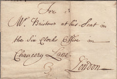 123634 CIRCA 1735 MAIL STAMFORD TO LONDON WITH UNRECORDED 'STAM/FORD' TWO LINE HAND STAMP.